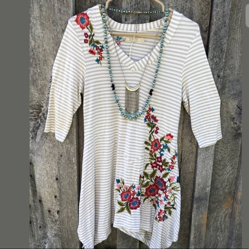 Caite Sundance embroidered floral tunic stripe top cottagecore lagenlook